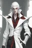Placeholder: Tall white half elf vampire, with red eyes and dark leather clothes, looks like a good person