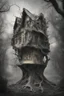 Placeholder: surrealis monochrome A fragmented, surreal sculpture liguid color of photorealistic image 3d,psychedelic art of a house surrounded by trees-glossy emerging from dreamlike a crumbling building. The face appears pale with deep cracks and intricate details, evoking a haunting expression. Blackened tree branches intertwine with the gold mengkilat cracks, set against a backdrop of stormy, cloud-filled skies. bauhaus art The overall tone is dark and moody, suggesting themes of decay and transfor