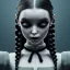 Placeholder: Wednesday Addams, Wednesday with braids standing with her arms crossed, dark, hyper detail, octane render, unreal engine 5, photorealistic, 8k resulation