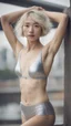 Placeholder: beautiful anorexic asian female, total shot, shiny silver triathlon swimsuit, short blond wavy bob hair, blurred city background