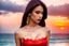 Placeholder: very nice real face beautiful sexy roman with make up at the beach standing pose in a short lace red and silver dress, full body, 3D cloudy sky volumetric nice clouds 8k sharp focus,sunset,golden hour,medium shot