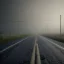 Placeholder: An empty road on a misty day. Telegraph poles and wires. Muted tones. Tilted horizon. With blotches, blurry areas and lens noise and grain. Photo 4k