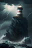 Placeholder: lighthouse on rock outcrop, stormy sea, Dark clouds, digital art