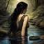 Placeholder: a strikingly beautiful woman, engrossed in washing her long hair in the gentle waters of a crystal-clear stream. She exudes a relaxed aura, casually smoking a large, thick cigar. Unbeknownst to her, the scene takes a dramatic turn as the background reveals a colossal snake, its presence ominous yet subtly blended into the natural surroundings, poised for an ambush. The image should be rich in detail, emphasizing the contrast between the woman's serene moment and the lurking danger of the giant