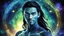 Placeholder: beautiful gorgeous young man na'vi with long hair, Avatar, blue skin, two small ears, green eyes, black hair, in cosmic suit, galactic ambiance, medium pointy goatee , smiling, nebulas and sacred geometry light figures on the backgroud,