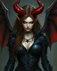 Placeholder: A female demon, pale skin, long brown hair, red eyes, long flaming horns, black leather outfit, black and red bat-like wings, arrogant, vicious, an air of malevolent power surrounds her, greg rutkowski, intricate details, dark fantasy setting, hyperrealistic