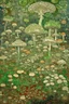 Placeholder: An olive green land with crazy mushrooms designed in ancient Greek mosaics painted by Claude Monet