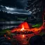 Placeholder: Dark rainy night with campfire and nature in Scandinavia