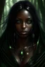 Placeholder: beautiful, Bella eyes, fae, drow, elf, black hair, ebony skin, green eyes, druide, black leather robes, fantastic realism style, high fantasy, forest, mystic, soft light