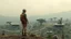 Placeholder: A photorealistic image of a slender 60-year-old woman, in brown shorts, a shirt and boots, with a backpack, standing on a hill looking down on a derelict futuristic village with low flat alien buildings with trees and fungi in clumps.