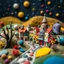 Placeholder: Photograph hasselblad h6d400c --ar 85:128 --v 6.0 of a fairy village made of felt art, Joan Miró, tiltshift, 3d deep field, wide angle landscape scene of an odd village, galaxies and planets, creepy, needlepoint, abstract silhoutte, expressionist style, colorful