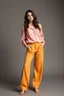 Placeholder: simple background a beautiful young lady wearing pretty pants and blouse standing gracefully