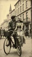 Placeholder: An old picture style of black and white mono very bad quality looks very old camera picture with Romeo and Juliet on bike year 1900