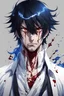Placeholder: Anime adult man/ black hair/ 30 year man/ white clothes/ power coming out/ blue power/ blood on face