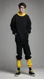 Placeholder: generate a tall guy with green eyes, black short hair, black rectangular glasses, plump lips, wide shoulders, in a black sweatshirt, black pants with pockets on the hips, yellow short socks, in black sneakers, wide shoulders, the guy is crying