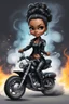 Placeholder: Create a digital airbrush illustration of a chibi cartoon full figure black female riding a sports motorcycle. She is wearing tie dye and black tights with biker boots. Prominent make up with log lashes and hazel eyes. Extremely highly detailed black shiny wavy hair up in a messy bun. Background of smoke surrounding her and the bike and she's at a bike show.