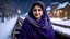 Placeholder: Hyper Realistic Photographic View Of A Beautiful Young Pashto Woman With Beautiful Eyes Lips & Nose (Wearing Beautiful Navy-Blue Frock With Purple Embroidery & Carrying White-Wool Shawl On Her Neck With Her Long Black Whirling In Air, Cold Breeze) Happily Sitting On The Bench & Smiling At The Village Railway Platform At Heavy Snowfall Night Showing Dramatic & Cinematic Ambiance.