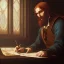 Placeholder: leonardo da vinci works in his study on a laptop at his desk. painting in photoshop. hyperdetailed, warm colors, movie poster, photoillustration, oil on canvas, lens flare