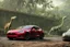 Placeholder: A Tesla's 'Model 3' is drifting at top speed, within the 'Jurassic Park' jungle. CINEMATIC. WIDE ANGLE LENS. PHOTO REAL.