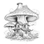 Placeholder: outline art for square twisted old oak tree mushroom cottage coloring page for kids, classic manga style, anime style, realistic modern cartoon style, white background, sketch style, only use outline, clean line art, no shadows, clear and well outlined