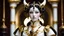 Placeholder: an automaton, doesn't have horns,a beautiful mechanical female demon, beautiful curves, made of ivory porcelain skin, with bronze gold trims, doll-like features, dressed in classical greek clothes, empty black eyes and unexpressive face, full figure, photorealism,face showing deep contemplation, highly detailed, cinematic lighting, Ray tracing