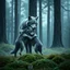 Placeholder: digital art from anthropomorphic wolves family, one gray bodyhair anthro wolf female hugs her two anhtro wolf child on field, in background tall trees wirh big trunks, rain, down on blue-green moss, hug each other , rainy day, high contrast, high detalied, atmospheric, dark fantasy, sci-fi mood