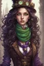 Placeholder: A girl with long, wavy dark brown hair, purple eyes, dressed in steampunk clothes, green scarf ,