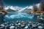 Placeholder: Turquoise clear lake water with blue and white semi-snowed mountains background, blue sky evening starry sky, reflection, dream, sparkling foreground, aquatic plants, small fish, pebbles and stones, clear and transparent, HD, large aperture, foreground and background very clear, photographic panorama, wallpaper, rich details, brilliant colors, high resolution, 4K