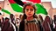 Placeholder: A girl wearing a Palestinian dress with tears in her eyes Her eye color is green Its color is brown Carrying the Palestinian flag