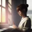 Placeholder: female student studying by the window, anime style, unreal engine 5, sun light, studio lighting --ar 1:1