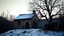 Placeholder: a lonely old adobe hut with a small window, a crumbling roof, an old chimney stands on a hill, next to it is a small woodshed by the wall, and an old withered tree leans over the hut, the hut stands on the edge of a European forest, winter, snowy landscape, low light, dawn, high detailed, sharp focus, high realistic, perfect photo