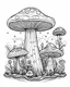 Placeholder: mushroom world minimalistic landscape. line art, background, vector, svg, coloring book page style, black outline on white background