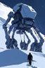 Placeholder: a minimalist silhouette of a sleek mechanical walker with eight legs scaling a very steep snow covered side of mout everest at night, it has a smooth surface, it has storage pods on its belly and humans can fit in the pods