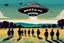 Placeholder: bumper sticker design, westall in bold heading text, ufo 1966, lots of school children looking up in a field, mysterious cool, bold