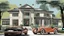 Placeholder: Architectural drawing of a luxurious modern country house, trees, people and cars, complementary colors