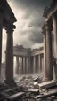 Placeholder: haunting scene portraying the decline and fall of the mighty Roman Empire. Capture the aftermath of a catastrophic event, with iconic Roman structures now reduced to ashes and ruins. Detail the remnants of once-grand architecture, such as shattered columns and crumbling walls, against a somber and desolate backdrop. Use subdued tones to evoke a sense of loss and decay. Highlight the remnants of statues, arches, and forums, now weathered by time and destruction. Incorporate a moody sky to enhance