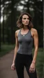 Placeholder: photography of a beautiful anorexic woman, grey satin triathlon top, sports illustrated, brunette short wavy bob haircut, pronounced sternum, flat chest, anthracite short leggins