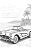 Placeholder: outline art for an adults coloring page, 1956 Corvette Convertible by the Beach , white background,detailed sketch style,no color , only use outline, clean art , white background, no shadows and clear well outlined,