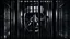 Placeholder: close up parallel prison bars in foreground, hidden human face partially visible through the window bars, dark prison cell behind him, vertical shadows in background, ultra realistic, dark atmosphere, high contrasts, cinematic