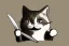 Placeholder: Cat smiling with a bloody knife. Illustration.