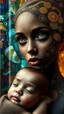 Placeholder: A digital artwork of women open her beautiful eyes with her baby adorned with intricate patterns and designs. The figure's face is covered in swirling lines, circles, and other abstract patterns in hues of mocha, navy and gold.The background is a colorful glass , with abstract patterns that complement the figure's design. The overall ambiance of the image is dreamy and surreal.