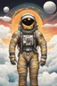 Placeholder: A detailed illustration muted chinese ink painting, magic cosmic colors, rice paper texture, digital paint, halo astronaut, one black and gold future portal in the sky. Venus. Space. Clouds wet to wet techniques. vibrant vector professional art. using Cinema 4D