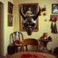 Placeholder: Flash photo of a room, 1980 horror movieshot, with chair, table, odd objects in background, ugly and scary mask, odd paintings hanging in the walls, rotten fruits, pair of glasses, horns, skin