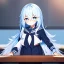 Placeholder: Clear focus, High resolution, long fluffy light blue hair, hair between eyes, long locks, wearing a sailor uniform, wearing a sailor skirt, long black socks, 1girl, cartoon, cute, UNFOTABLE studio