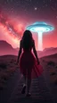 Placeholder: A beautiful girl walking with an alien both their hands on both shoulders from rear view , they are walking toward a ufo spacecraft that appears ilanding in a distance ,in romantic themes in the background is a vivid red sky stars and milky way galaxy and the lighting creates a dramatic and otherworldly atmosphere