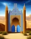 Placeholder: A gothic_arab gate in a blue tiled wall with a view of a desert landscape