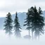 Placeholder: A photo of a group of fir trees and high mountains in the distance. A lake. House. Odd dark person. Fog is present.