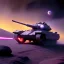 Placeholder: Ralph mcquarrie painting of a Futuristic armored tank rolling over a crater, purple sky, 4k, highly detailed, minutiae, trail, boulders, smoke