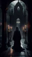 Placeholder: Exit from a gloomy sanctuary, around on the sides there are gloomy figures in black robes, candles, a black sky in the distance, an atmosphere of mystery and horror