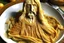 Placeholder: jesus made of spaguetti on an italian restaurant plate